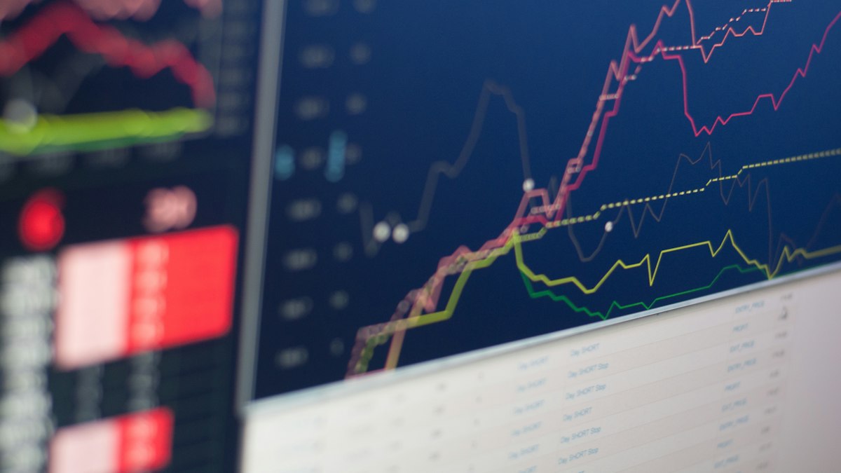 Close-up of a monitor showing rising stock price charts