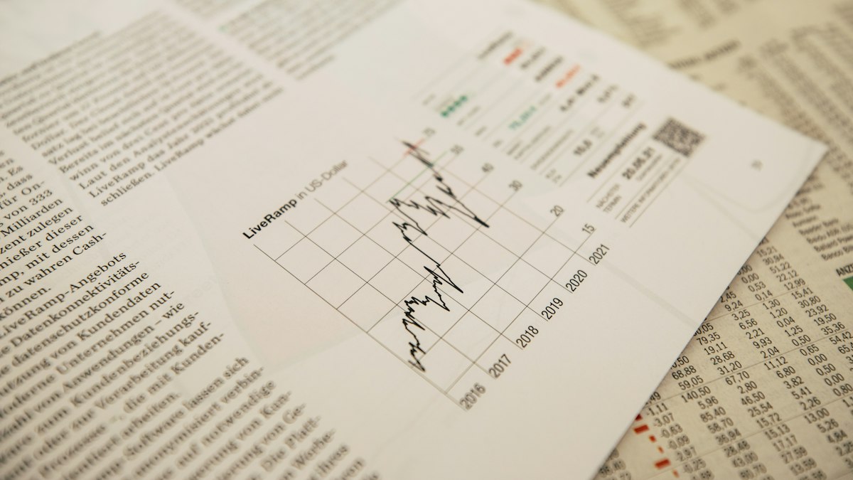 A financial newspaper page with a stock chart printed on it
